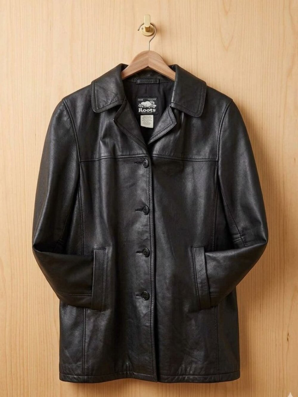 🔥 90s/Y2K ROOTS CANADA BLACK LEATHER COAT (Medium) 🔥